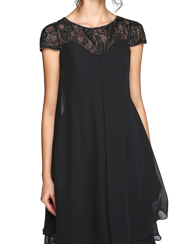 A-Linien-Kleid für die Brautmutter, Übergröße, elegant, Illusionsausschnitt, knielang, Chiffon, Spitze, kurze Ärmel mit Pailletten